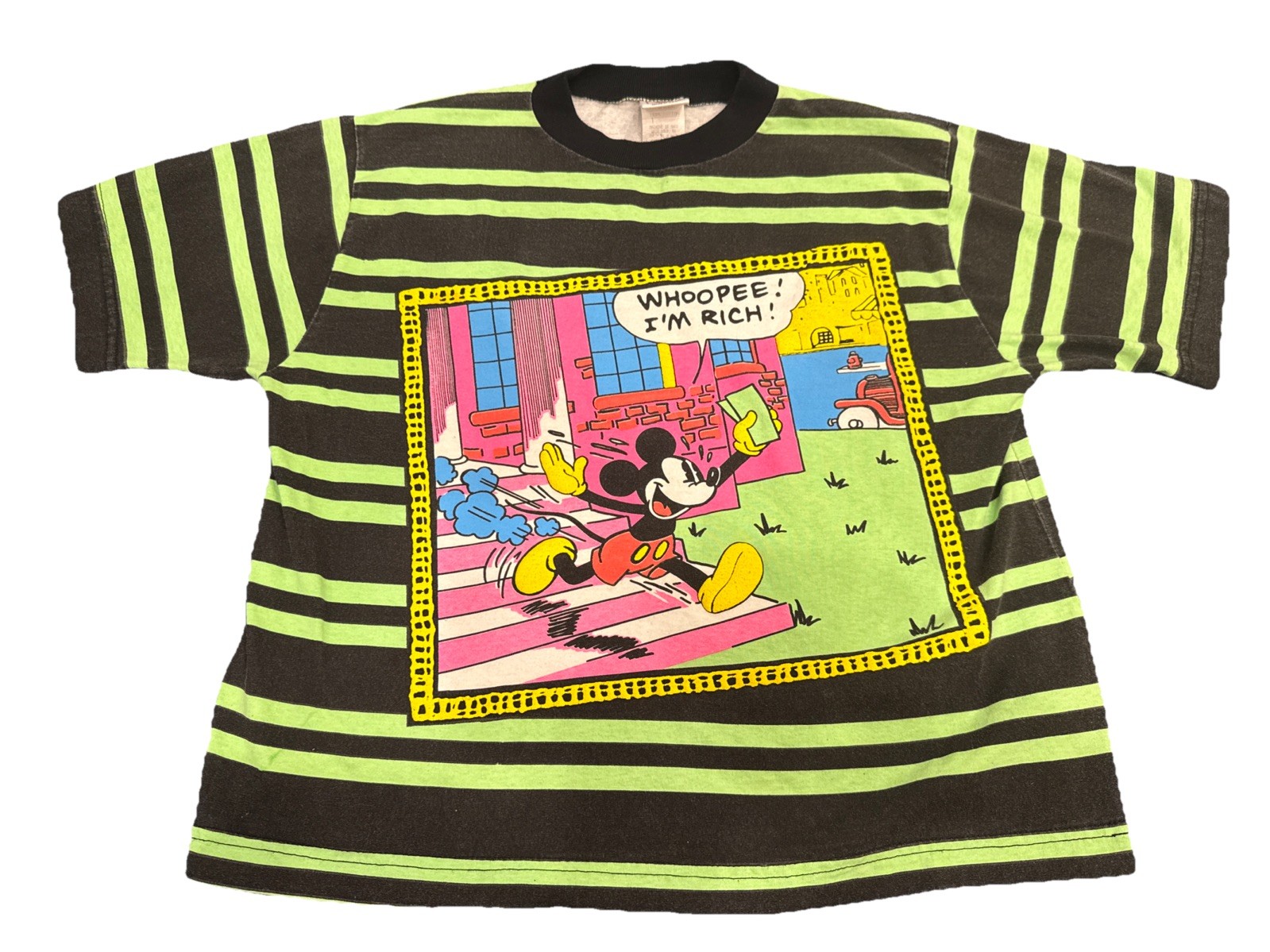 Vintage 90s Disney Wear Mickey Mouse “Whoopee I’m Rich”  Shirt XL Black Neon