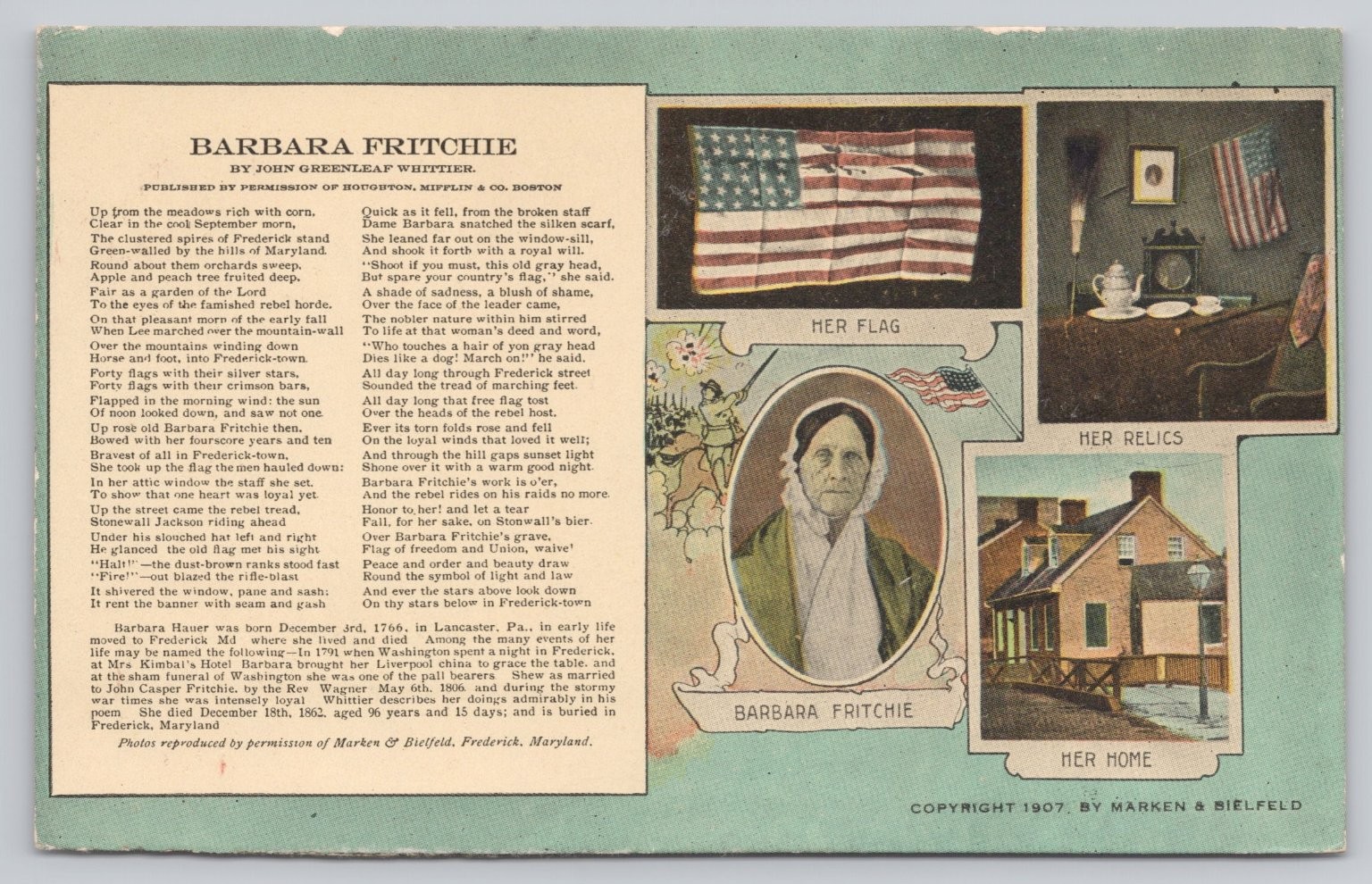1907 Barbara Fritchie Frederick MD Civil War Poem Märken & Bielfeld Postcard