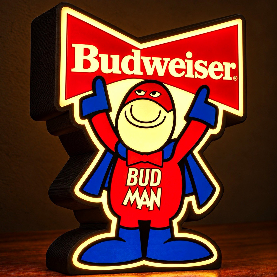 Budweiser Bud Man LightBox 3D Printed Display – Retro Beer Advertising Light