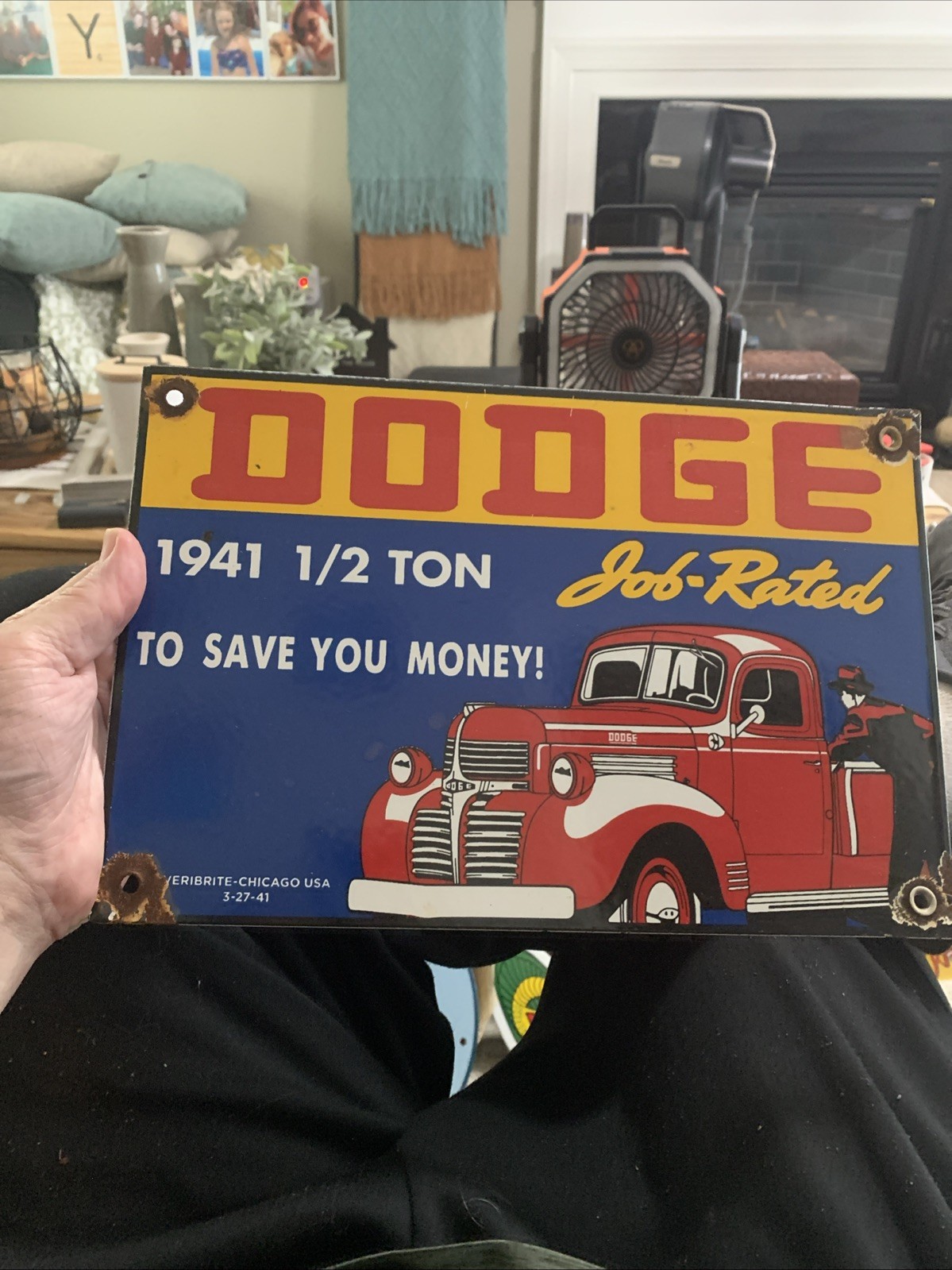 VINTAGE PORCELAIN DODGE JOB RATED GAS AND OIL SIGN Half Ton Truck