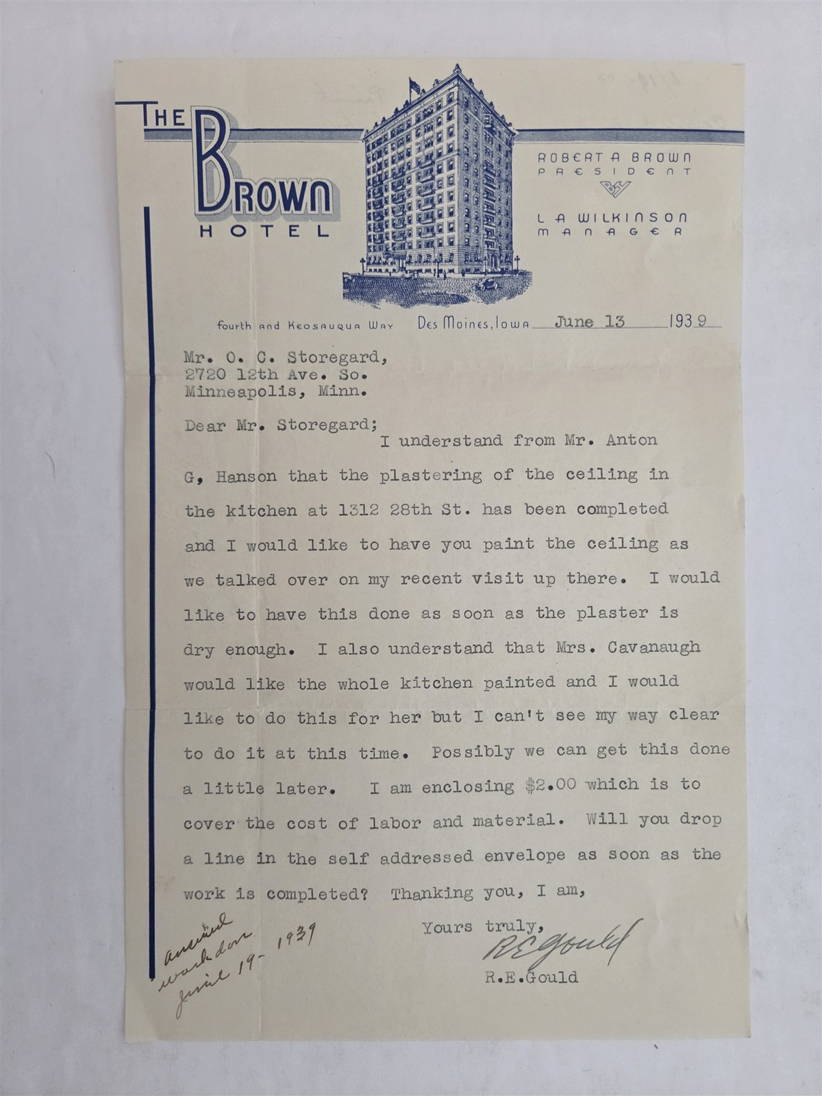 1939 antique BROWN HOTEL des moines ia R.E. GOULD LETTERHEAD PAINTING