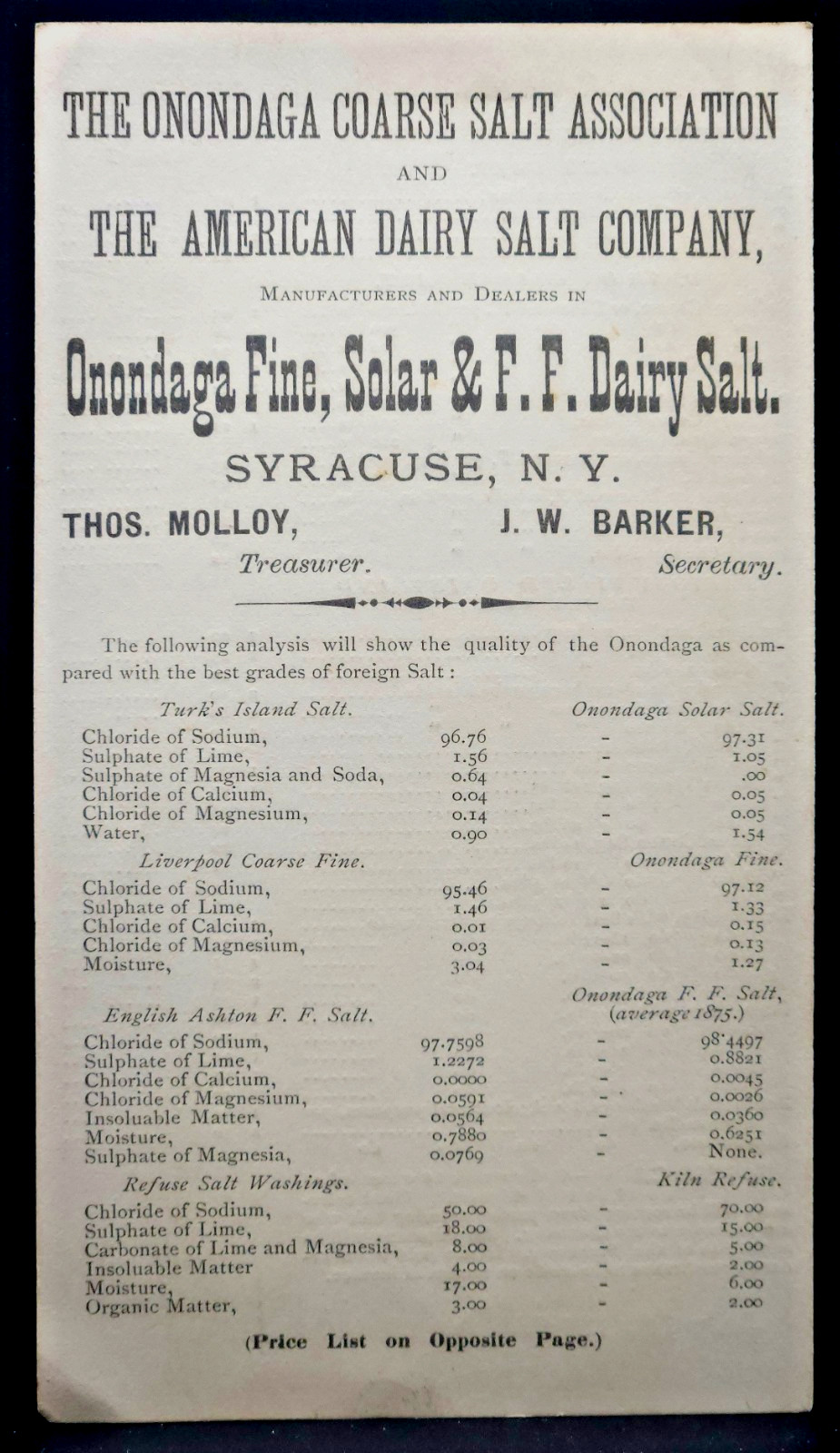 Onondaga American Dairy Salt Assoc. Price List & Advertising Card July 18, 1876