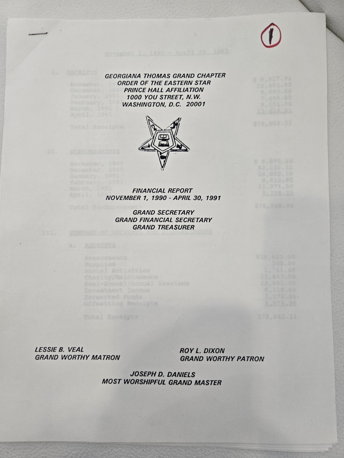 1991 Prince Hall OES Georgiana Thomas Grand Chapter Masonic Financial Papers Lot