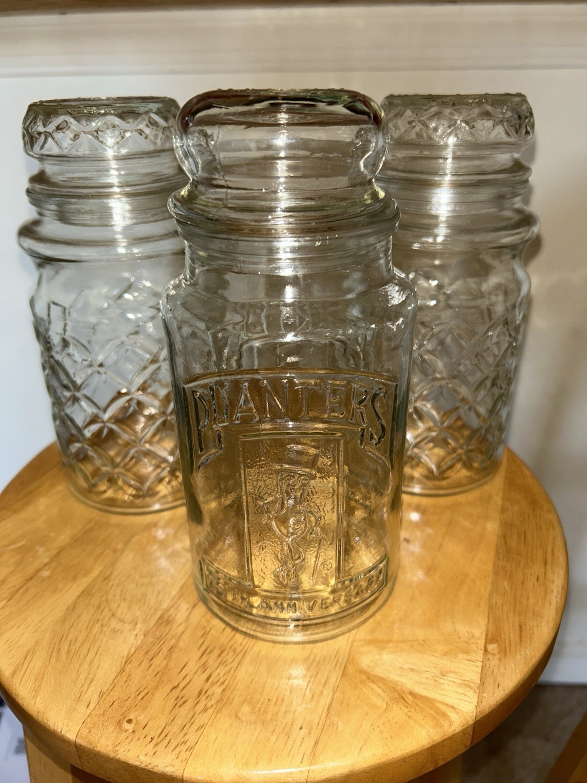 3 VTG 1984 & 1981 Planters Peanut Glass Jar w/lid Canister Mr. Peanut & Diamond