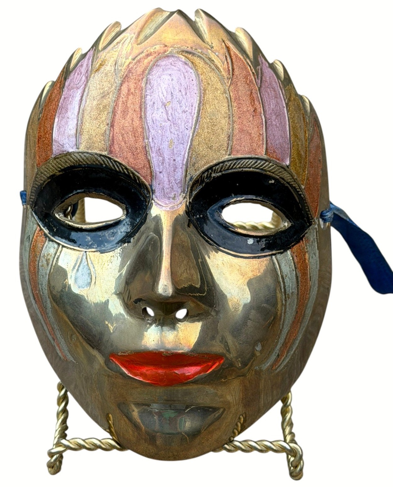 Vintage Solid Brass Masquerade Face Mask Hand Painted India Wall Decor 6
