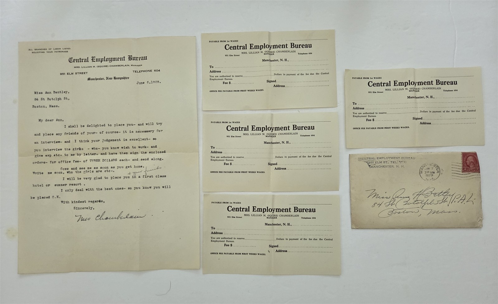 1929 vintage CENTRAL EMPLOYMENT BUREAU manchester nh LETTER Ann Bentley JOB FORM