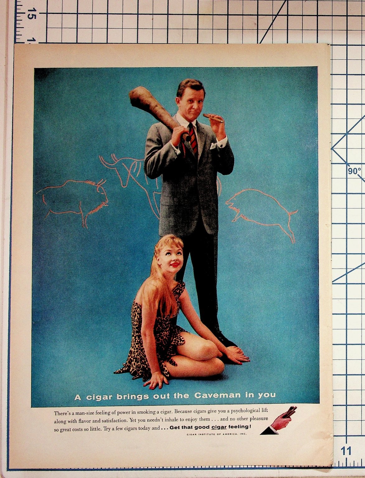Vintage Cigar Institute Ad: Caveman, Woman, 1950s-60s Tobacco Print Ephemera Vintage Cigar Institute Ad: Caveman, Woman, 1950s-60s Tobacco Print Ephemera
