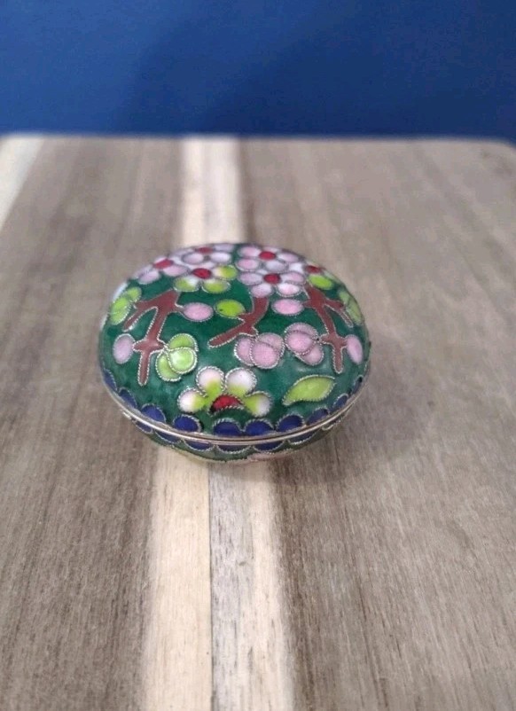 Vintage Cloisonne Enamel Trinket Box Floral  Round Jewelry Case