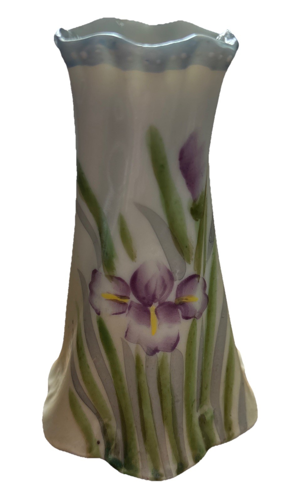Vintage Handpainted Japan Porcelain Floral 4” Vase Purple Flowers Blue/White Dot