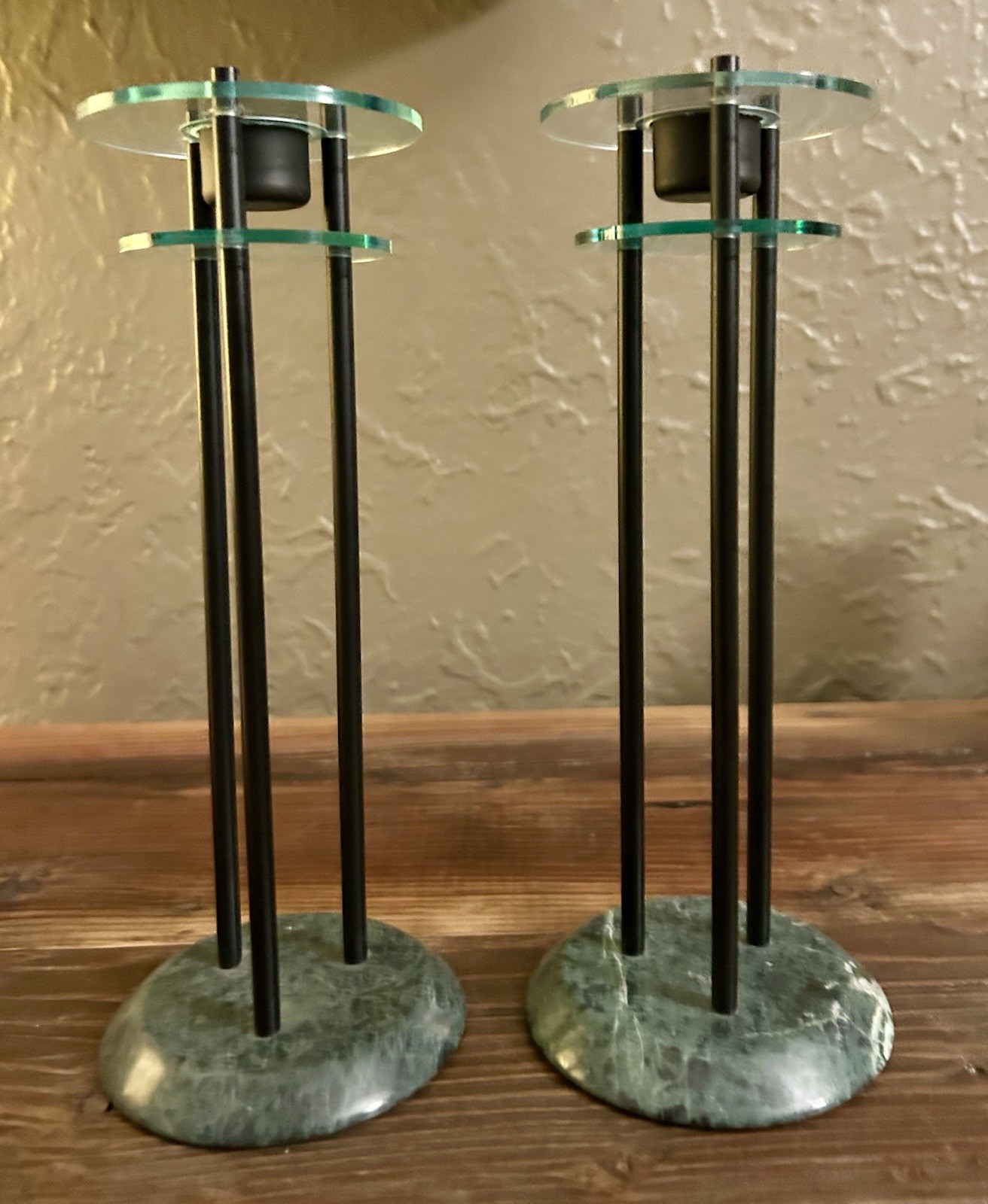 Vintage 1980s Pair of Milano Series Candlesticks Green Marble Memphis Style Vintage 1980s Pair of Milano Series Candlesticks Green Marble Memphis Style