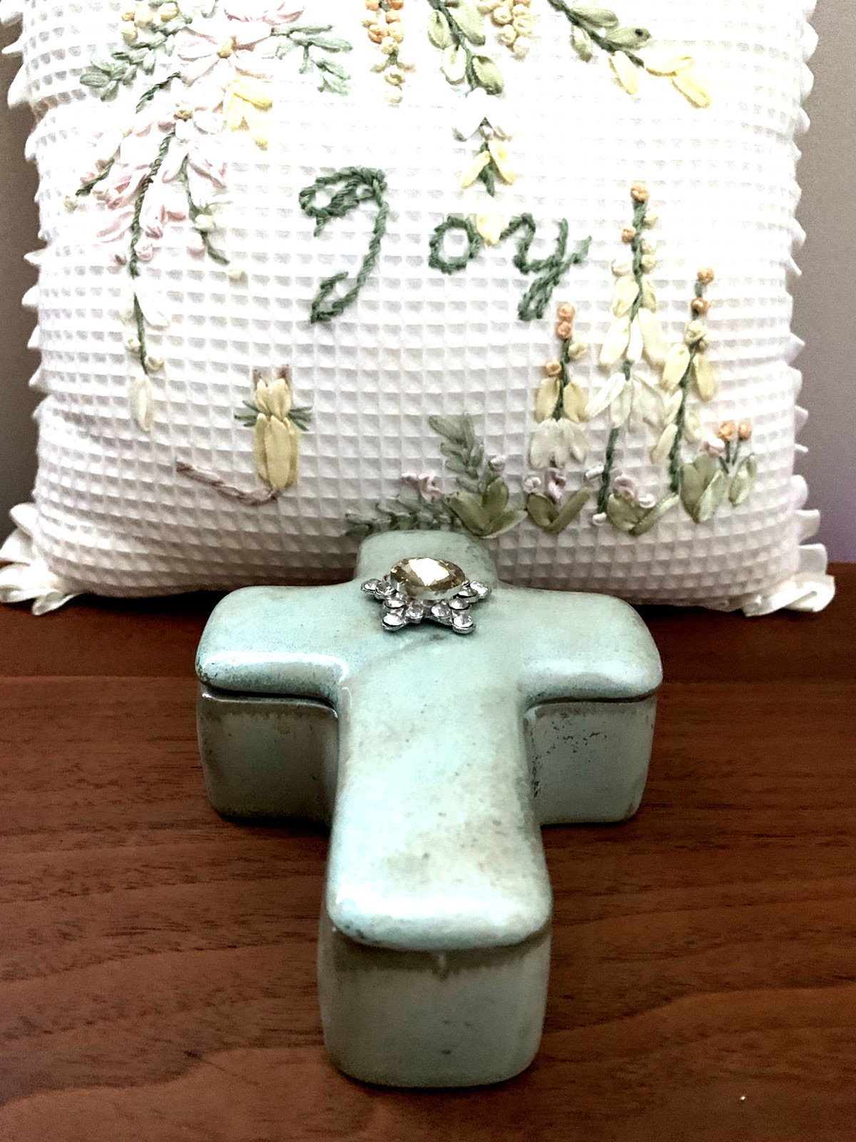 Religious Trinket Box With Cross Light Green with Jewel Accent-New Religious Trinket Box With Cross Light Green with Jewel Accent-New