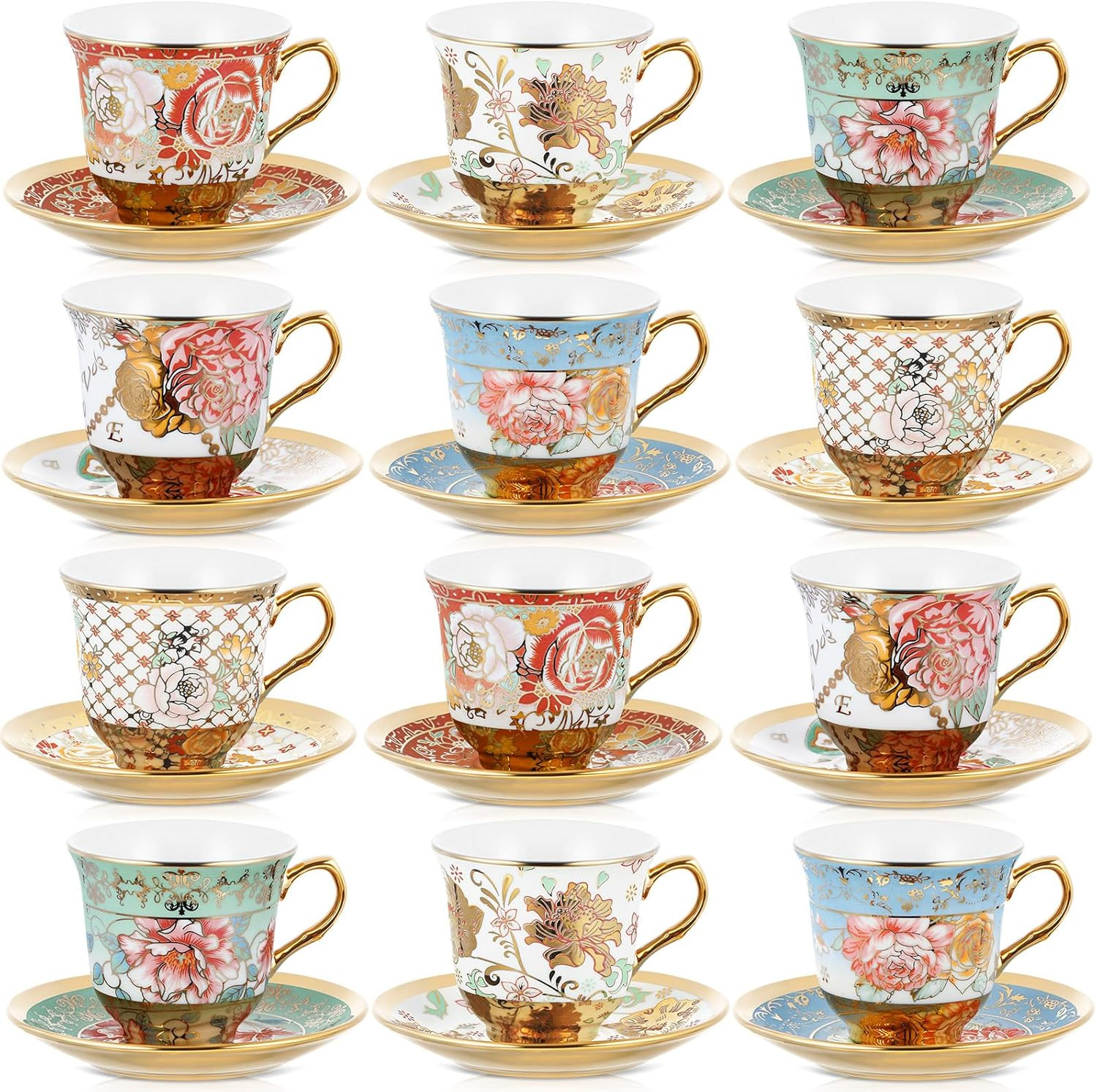 Elegant Floral Porcelain Tea Cup Set - 12 Cups & Saucers for Any Occasion