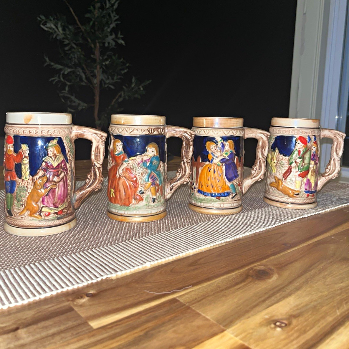 4 Vintage Gimbels Japan Beer Steins Figural Relief German Style Ceramic Mugs Set 4 Vintage Gimbels Japan Beer Steins Figural Relief German Style Ceramic Mugs Set