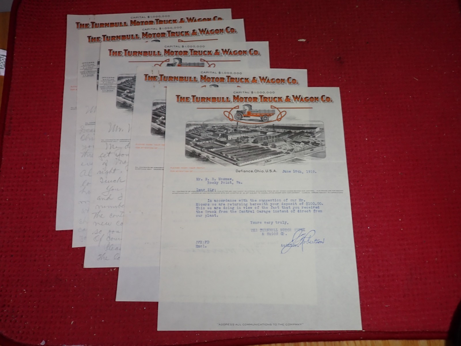 Antique Five Turnbull Motor Truck & Wagon Co. Defiance Ohio Advertising Letters Antique Five Turnbull Motor Truck & Wagon Co. Defiance Ohio Advertising Letters