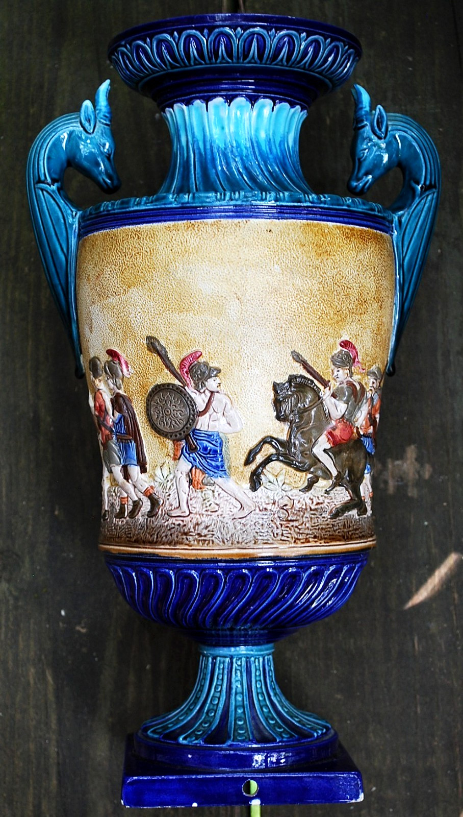 Antique WILHELM SCHILLER & SONS Ram\'s Head URN VASE Cobalt/Teal Majolica c1865