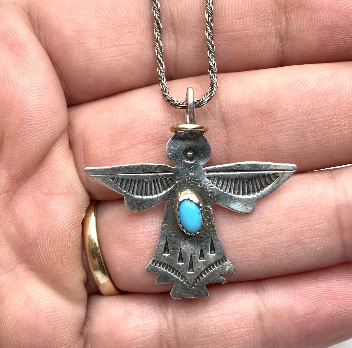 Navajo Signed V Stamped Sterling Silver Turquoise Angel Pendant Choker Necklace