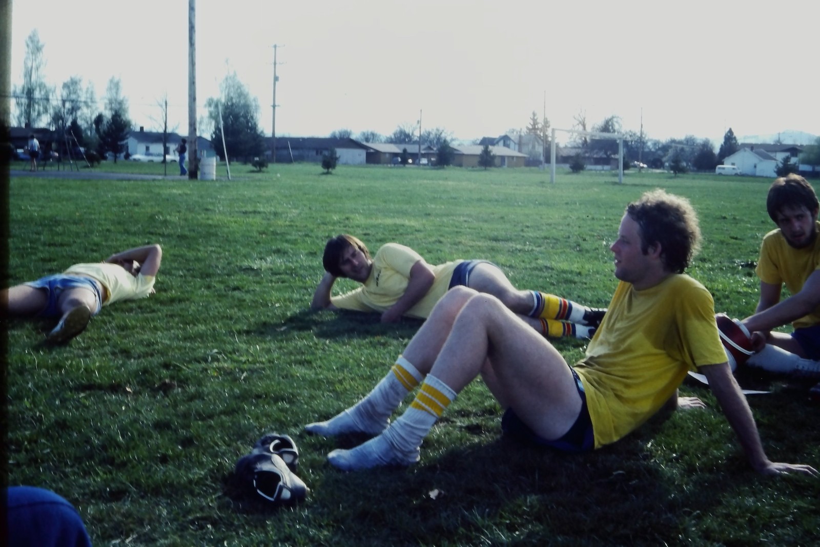 1970s Unknown Film 35mm Slide Young Men Athletic Shorts Socks Grass Field 1970s Unknown Film 35mm Slide Young Men Athletic Shorts Socks Grass Field