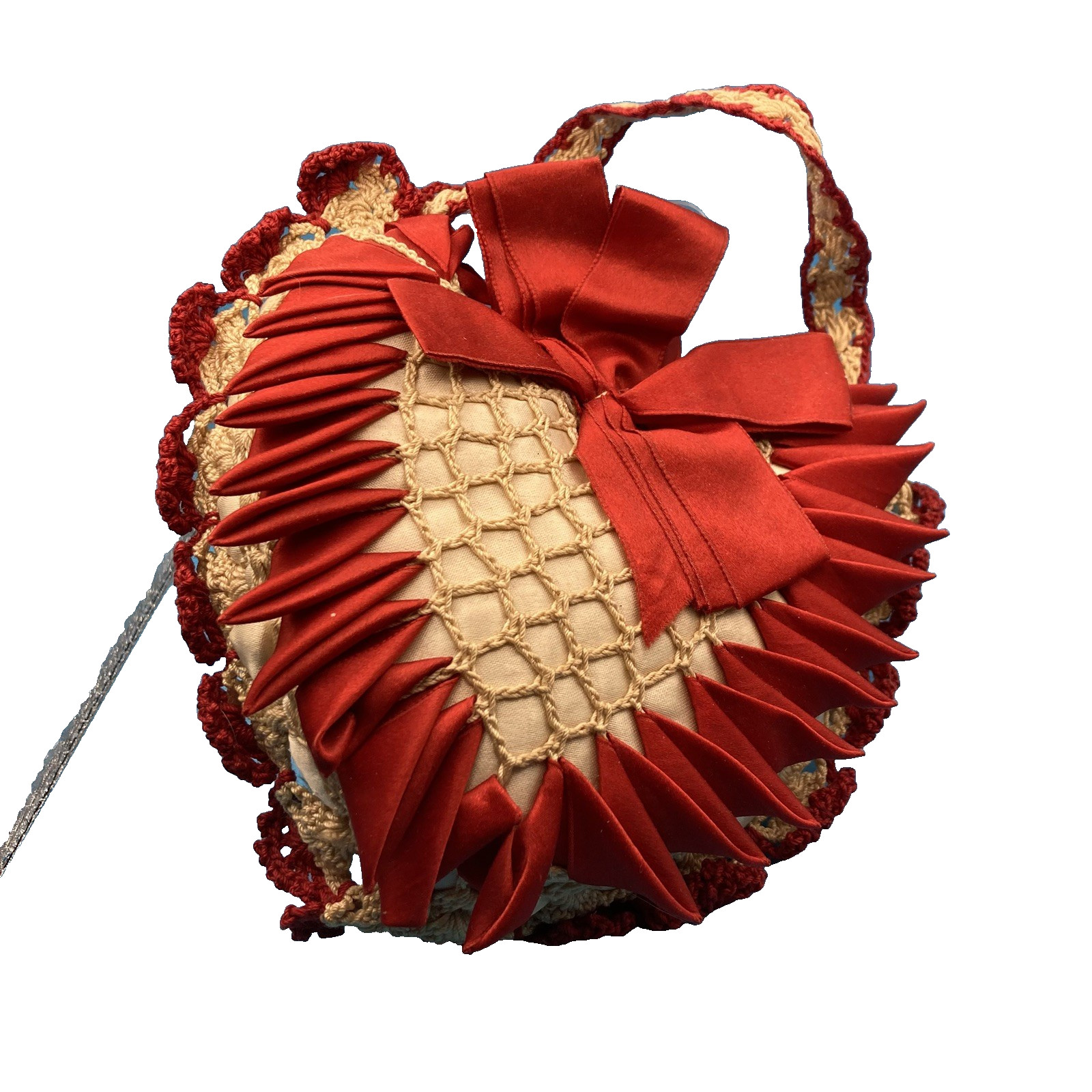 GREAT OLD Victorian Sewing Pin Cushion Red  Ribbon Heart Shaped  Hand Crocheted
