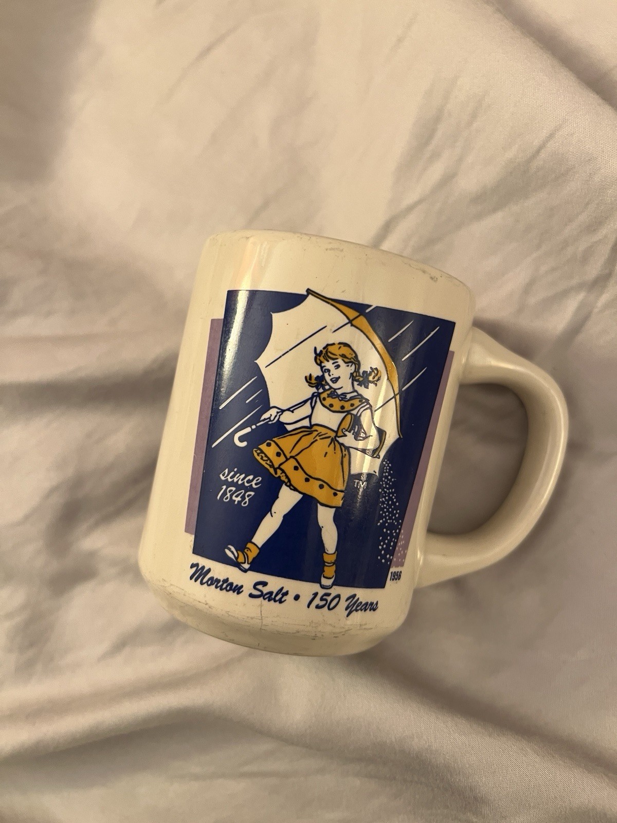 USED Vintage Yellow Morton Salt Girl Mug, 150 Years, Bryan China, New Castle PA USED Vintage Yellow Morton Salt Girl Mug, 150 Years, Bryan China, New Castle PA