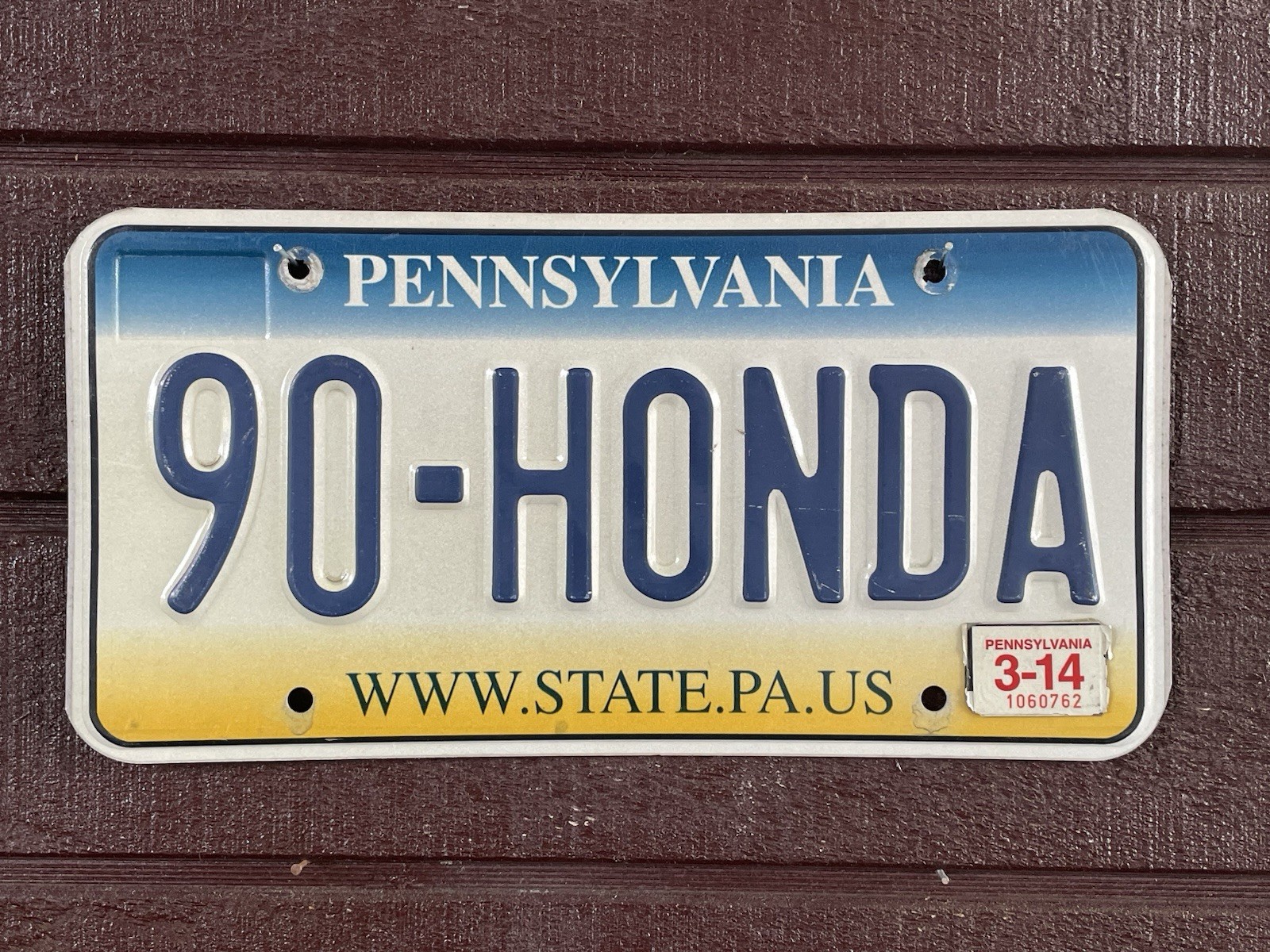 Pennsylvania 90-HONDA 2014 vanity license plate car tag