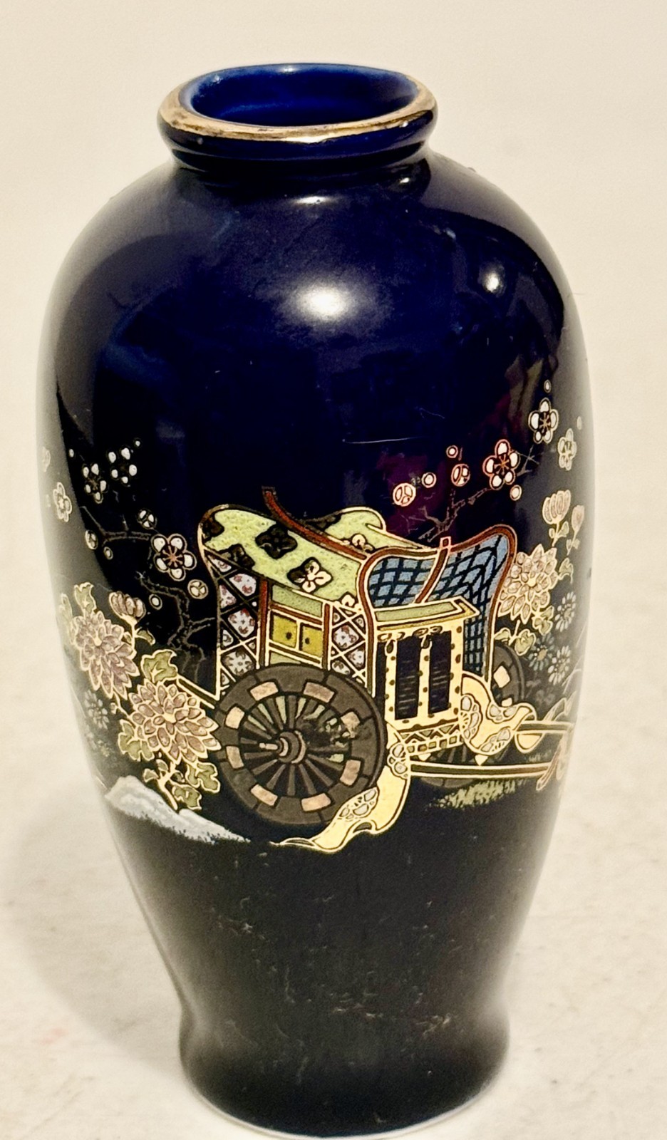 Small Vintage Cobalt Asian Vase Chariot Cart OMC Japan Approx 4.5 X 2.5 Inches