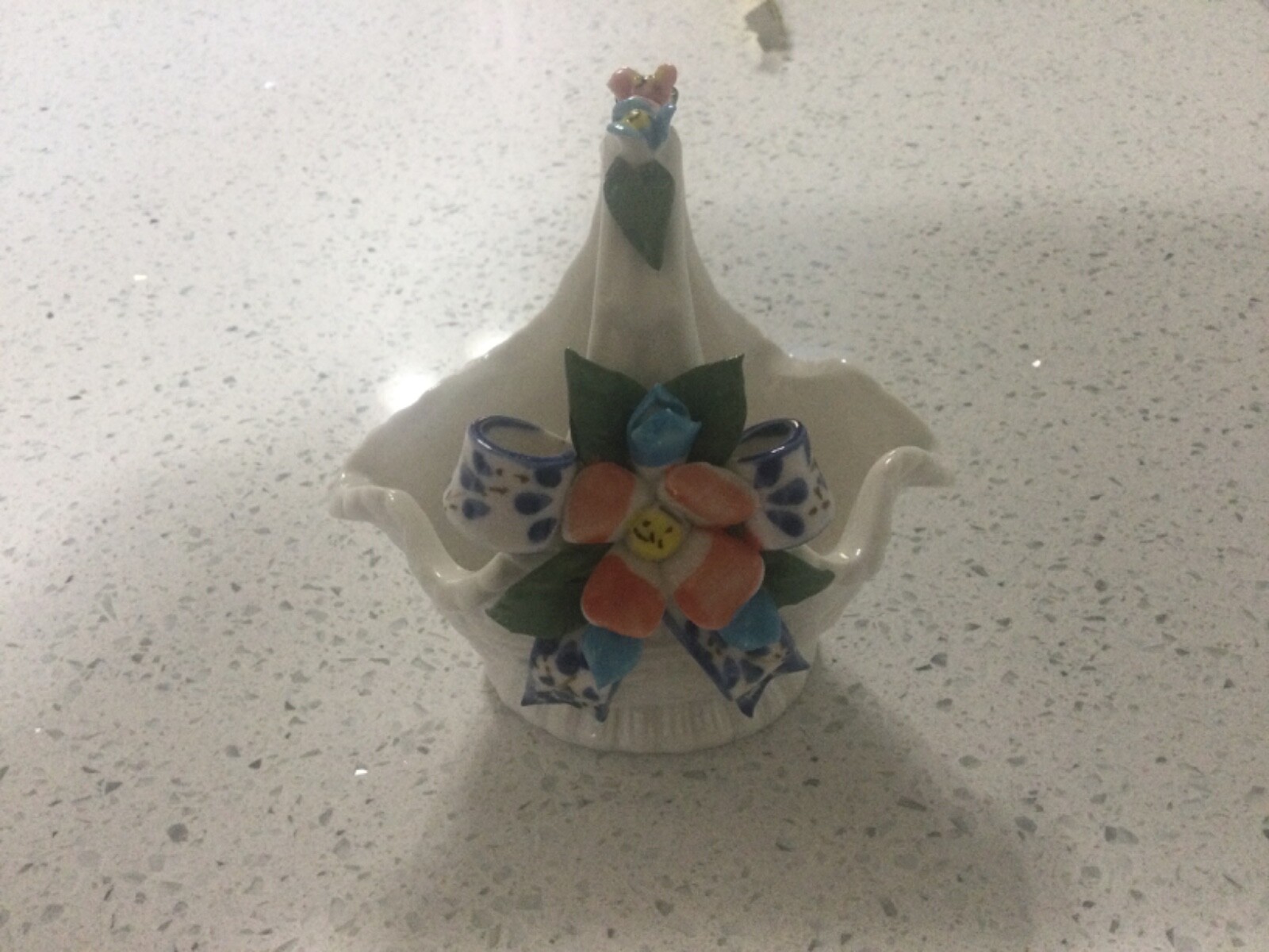 White Porcelain Ceramic Basket For Trinkets With Blue ribbon and flowers White Porcelain Ceramic Basket For Trinkets With Blue ribbon and flowers