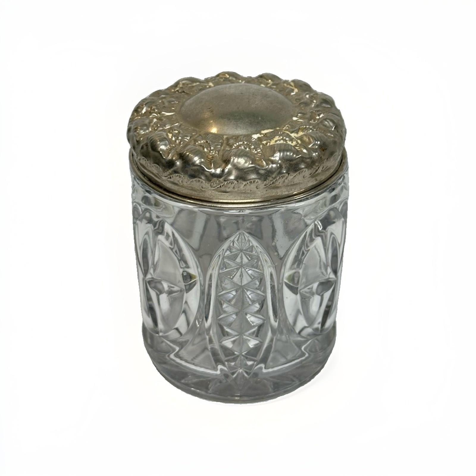 Vintage Glass Tobacco Humidor Jar Cut Pressed Glass Ornate Silver Tone Lid