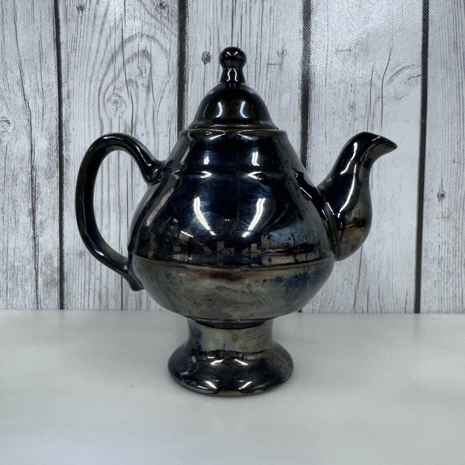 Vintage Pottery Pedestal Teapot Metallic Dark Iridescent Glaze Japan 6” Tall