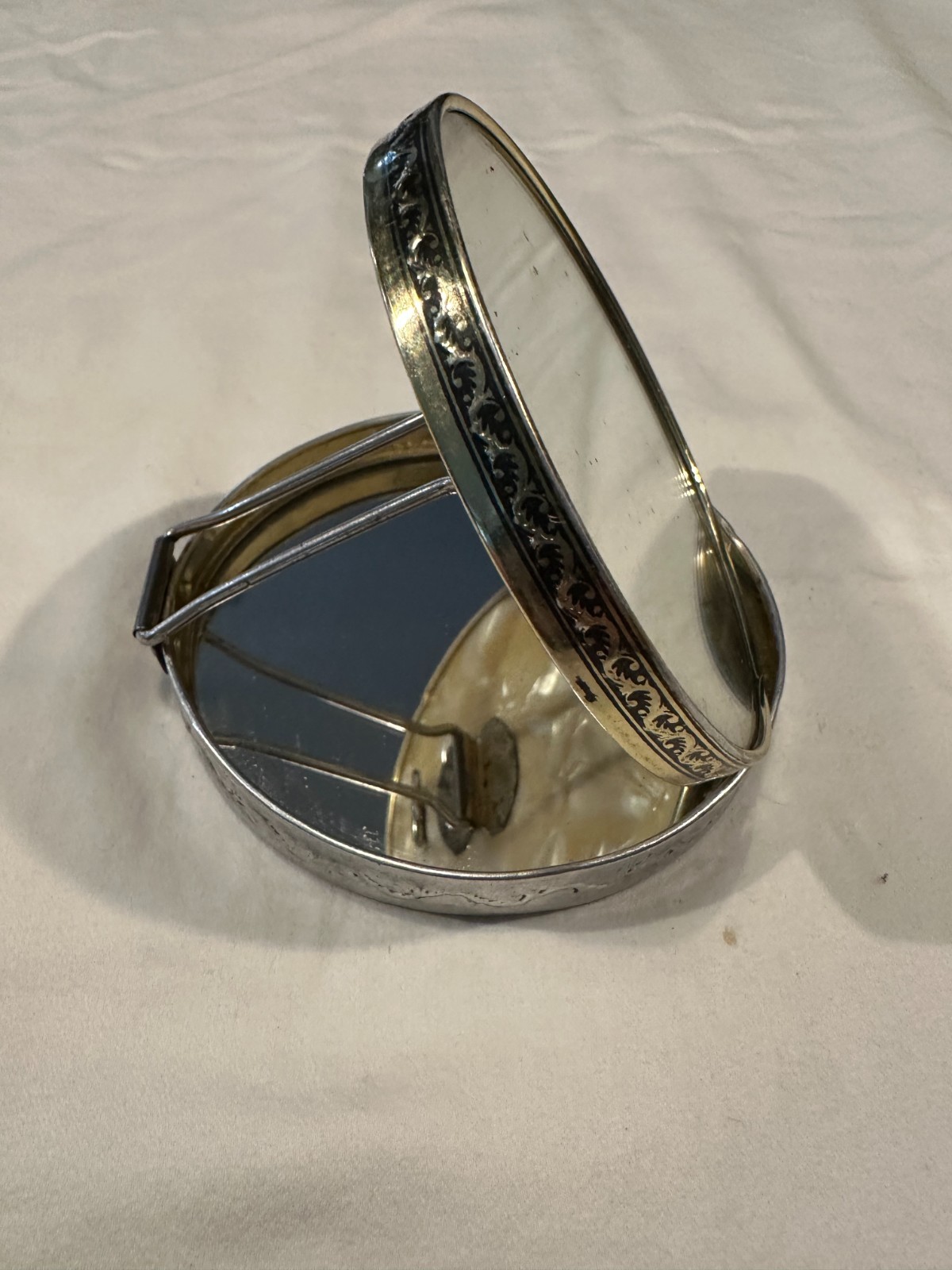 Antique Japan Celluloid Mirror Vanity Standing Compact 1930's Elegant Faux MOP Antique Japan Celluloid Mirror Vanity Standing Compact 1930's Elegant Faux MOP