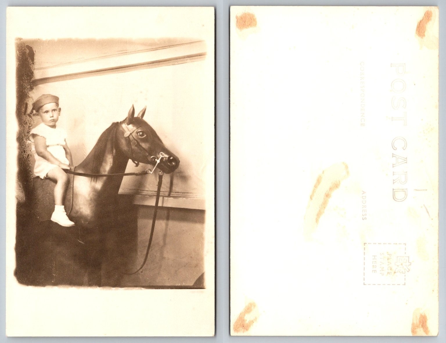 Vintage RPPC Boy on Prop Horse Studio Photo Real Photo Postcard c1920s