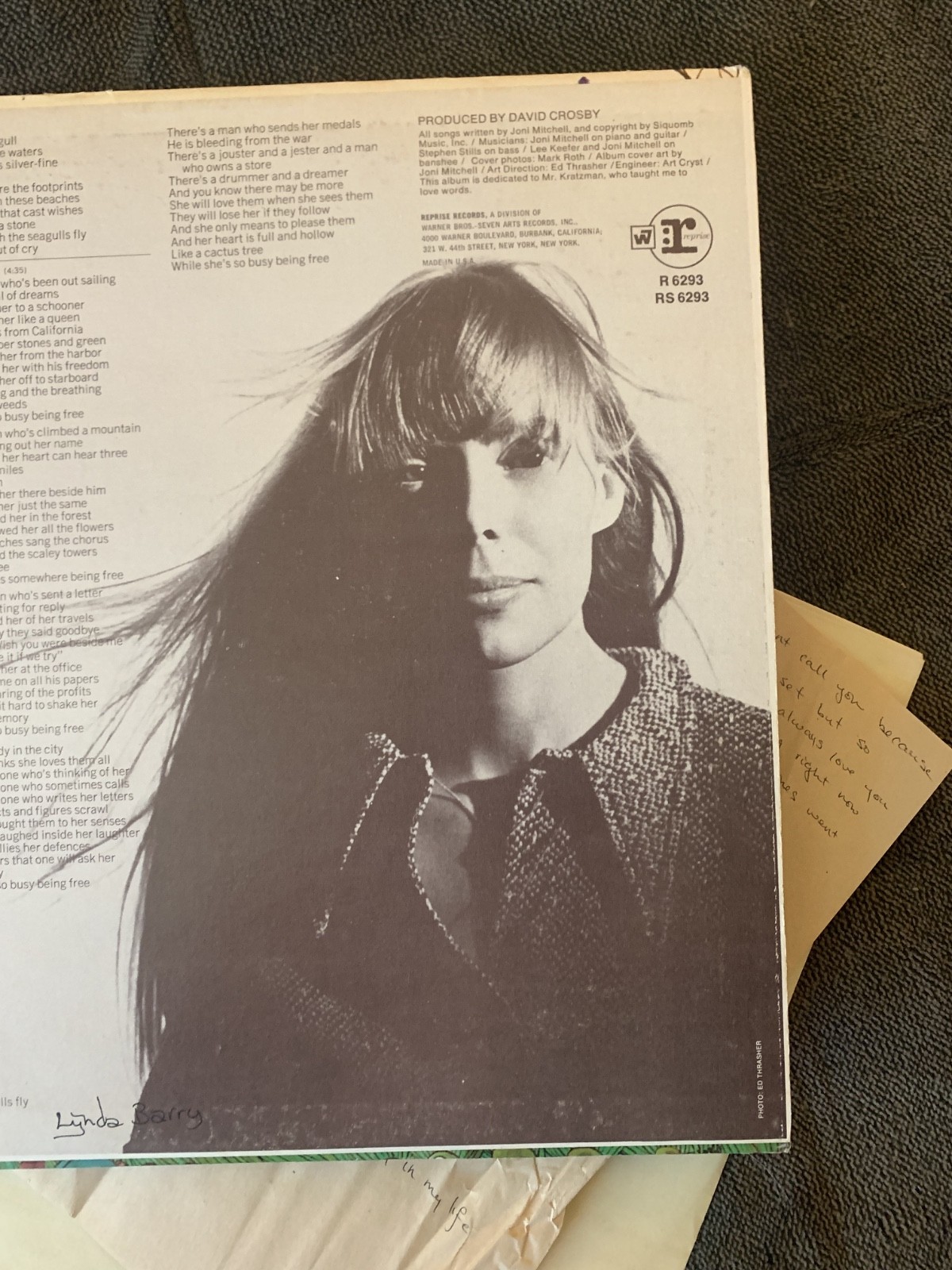 LYNDA BARRY ~ Handwritten PROSE and HER personally SIGNED JONI MITCHELL lp OOAK
