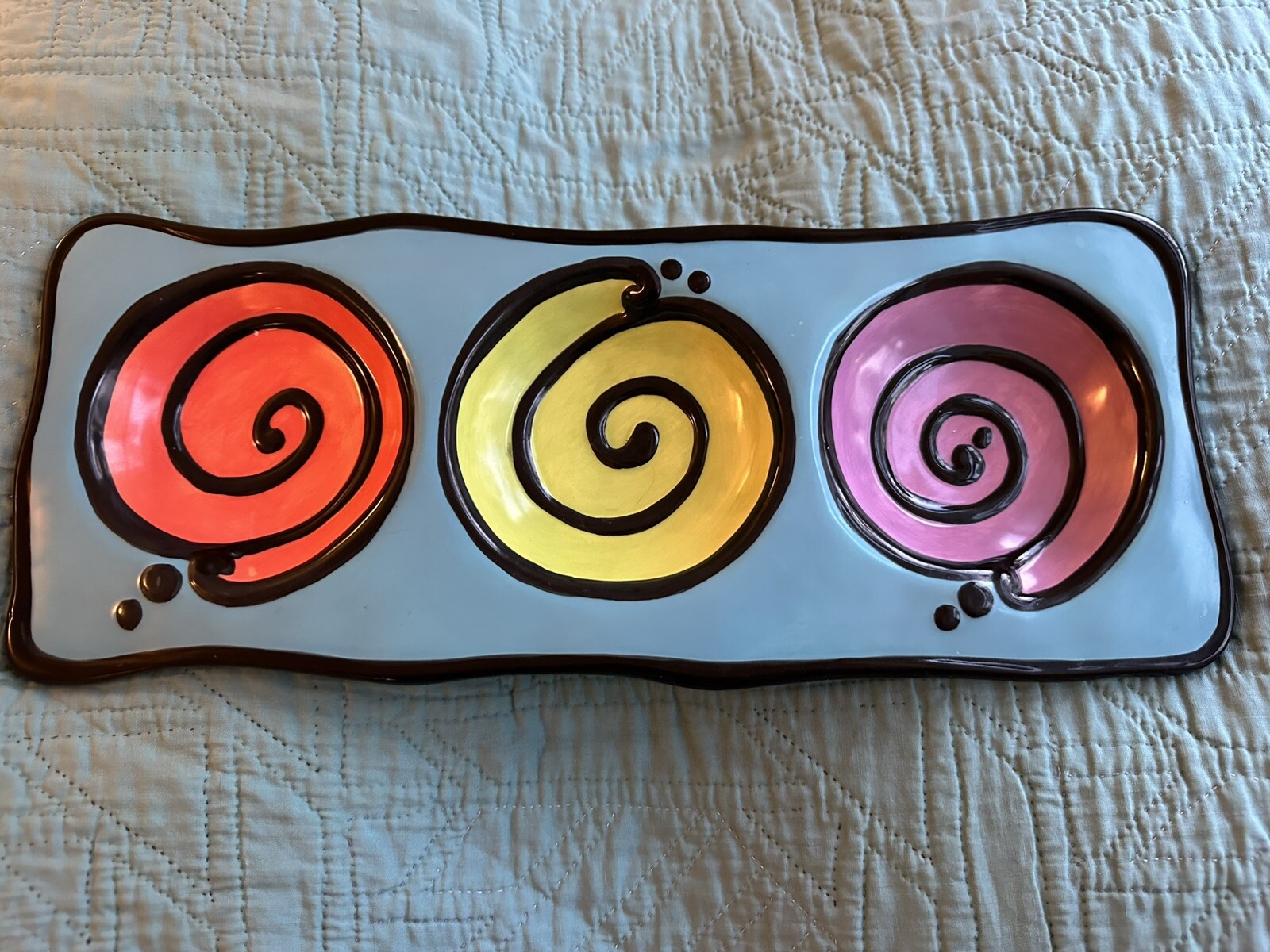 Bella Casa By Ganz Triple Platter 3 Bowls Black  Swirls Dots Blue Green Purple