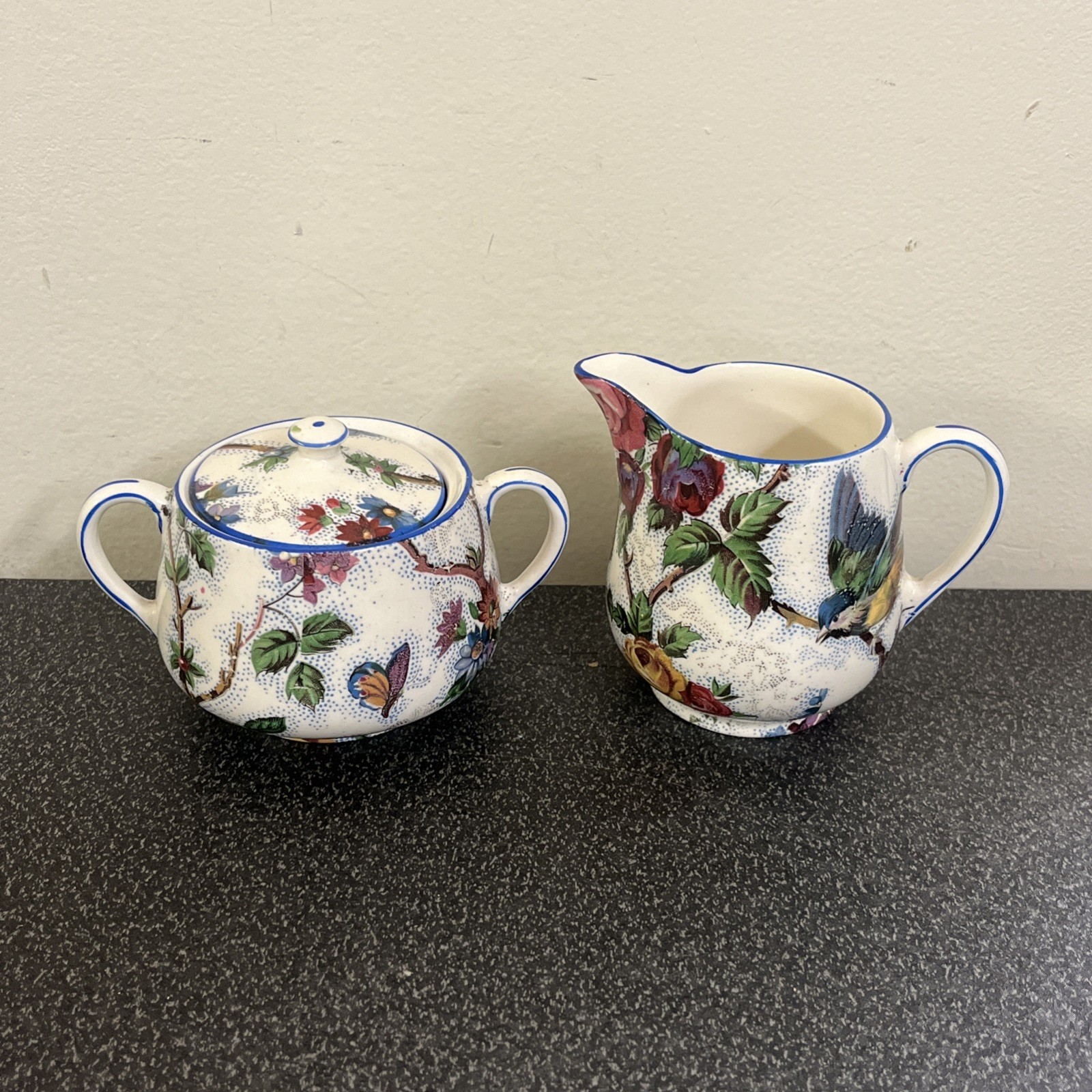 Vintage Lorna Doone Bird Chintz Cream And Sugar Set England 