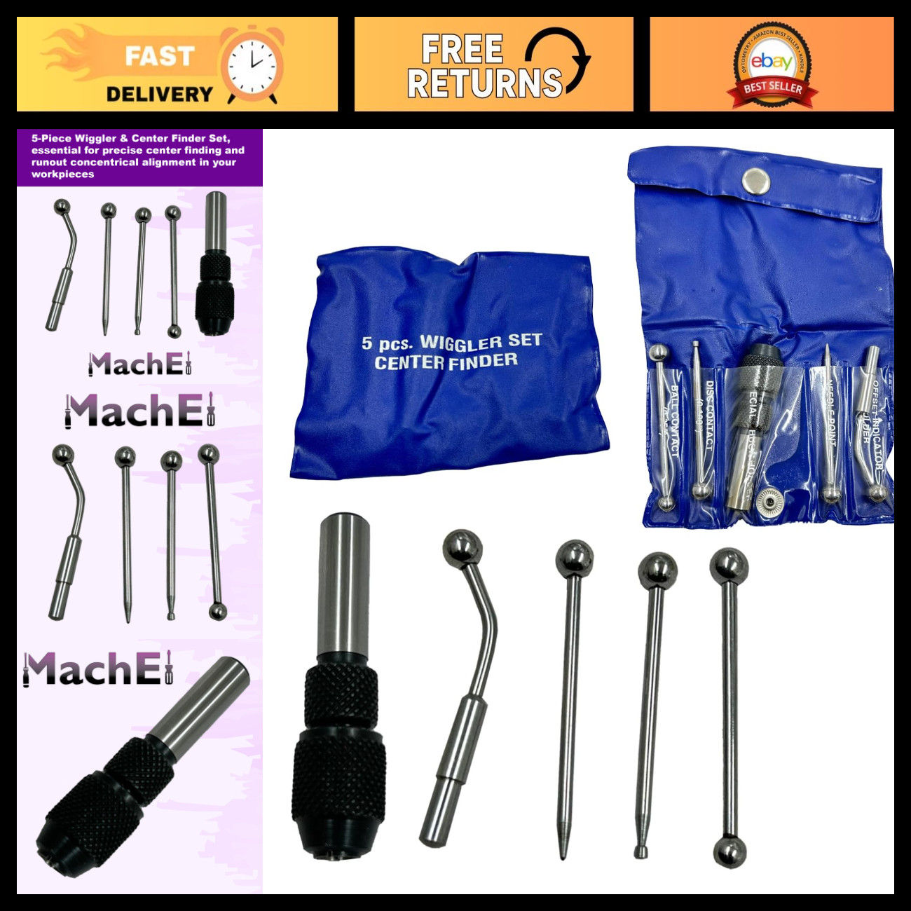 5-Piece Precision Wiggler & Center Finder Set, Accurate Edge Locator Tool