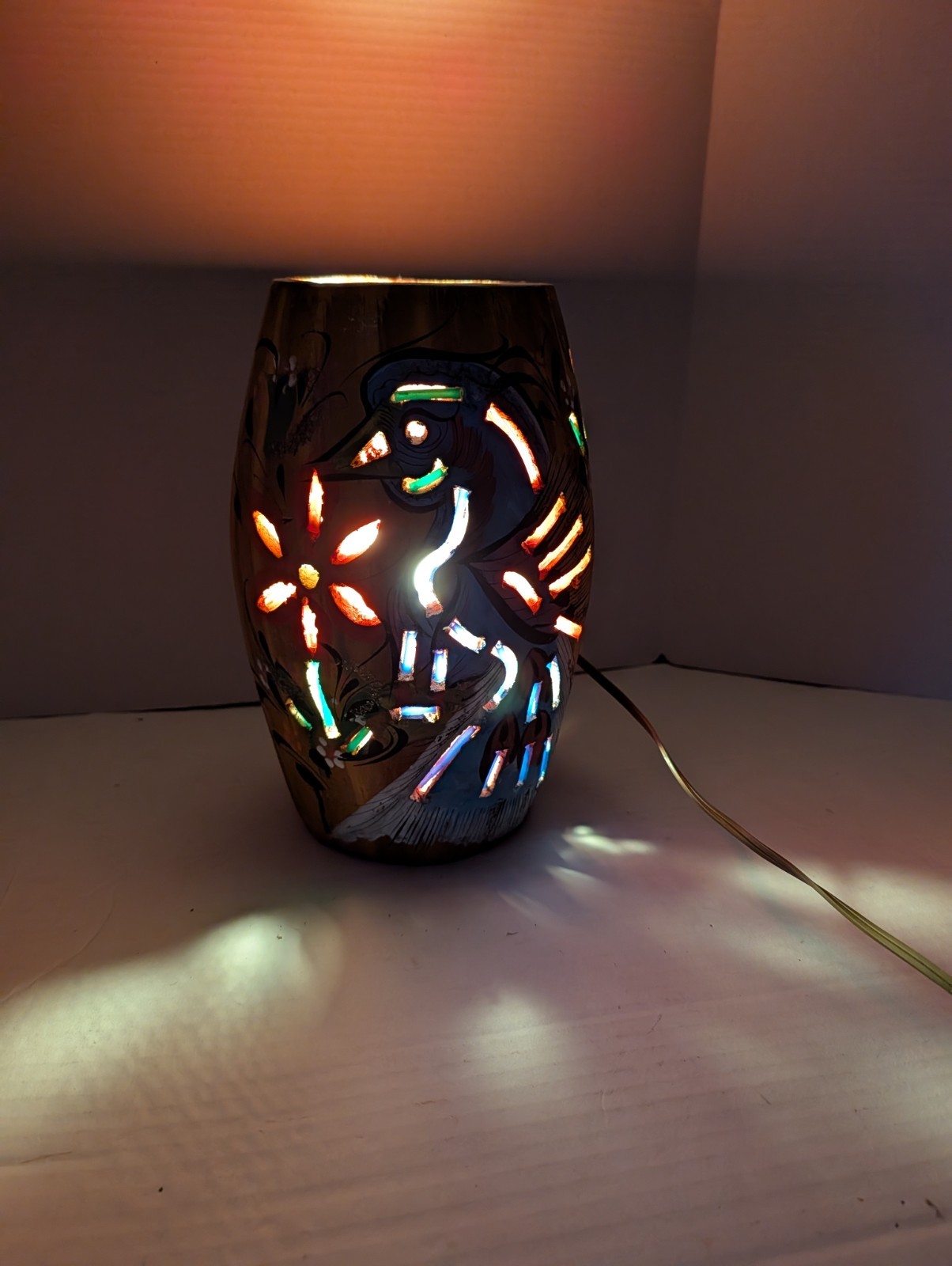 vintage Mexican Tonalá-style folk art cut-out pottery lamp