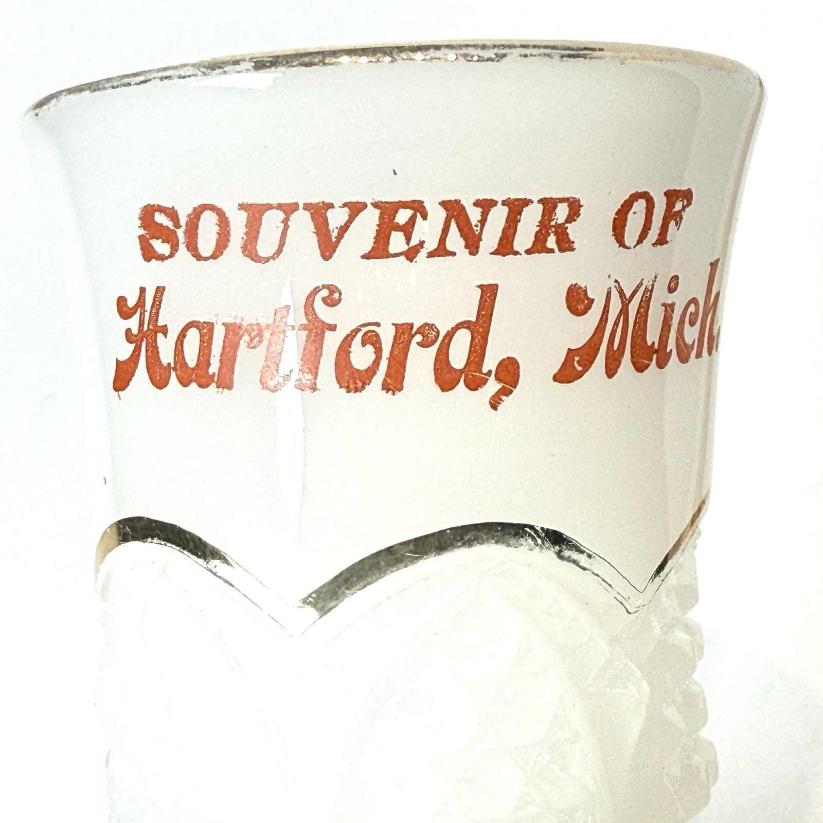 HARTFORD MICHIGAN MI Antique Depression MILK Glass Souvenir GOBLET CUP