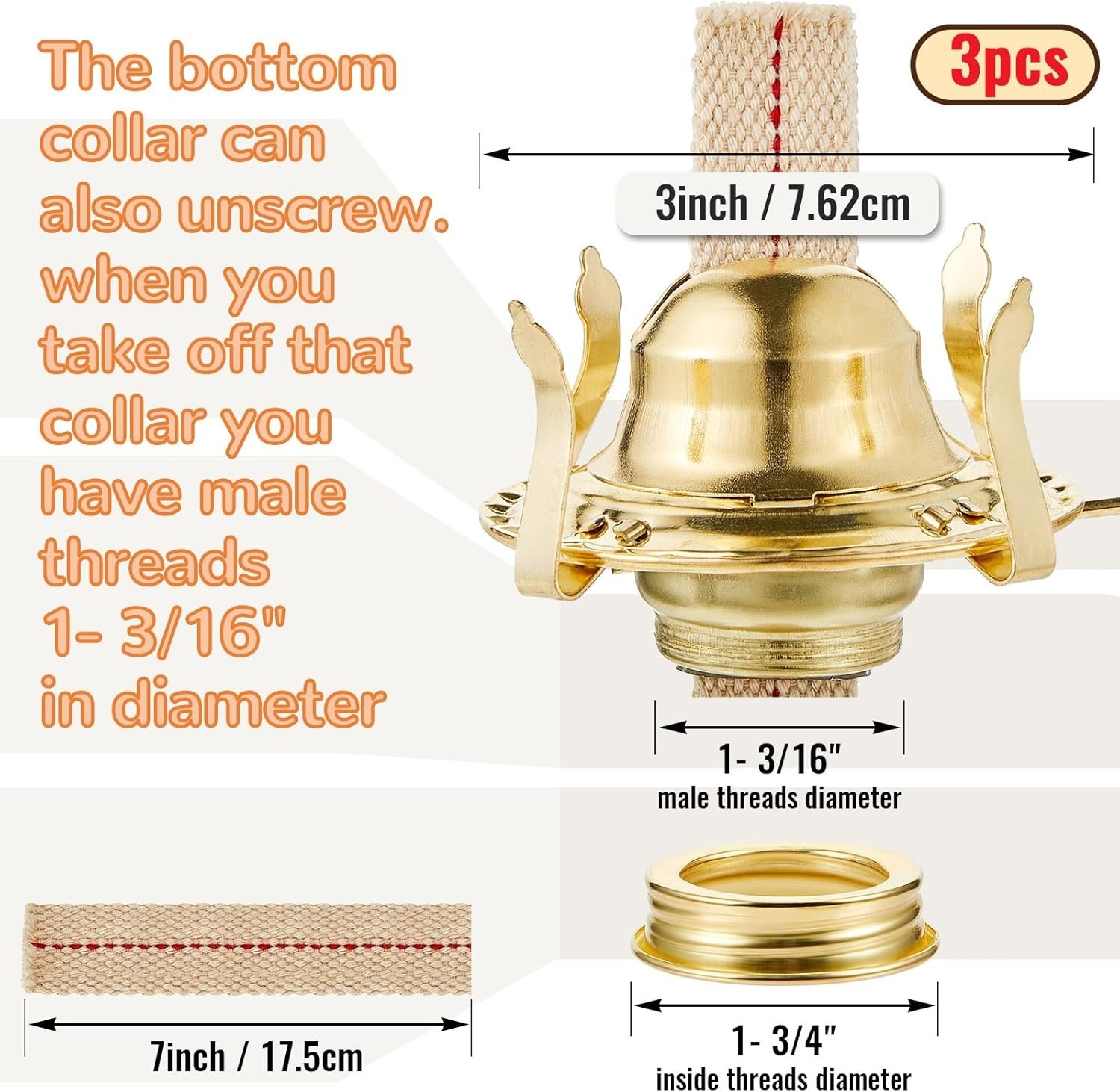 3 Pieces Oil Lamp Parts Burner Kerosene Brass Plated #2 Oil Lamp Chimney Holder