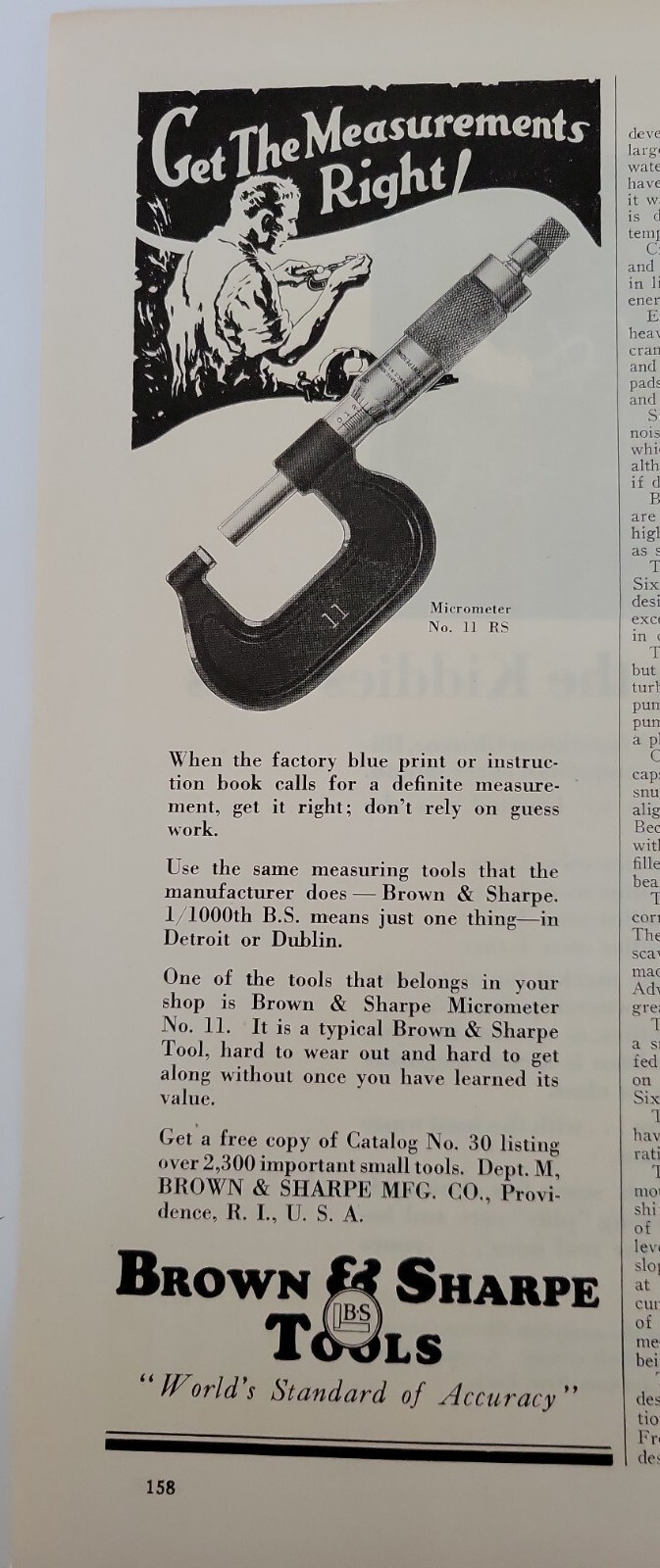 1928 Brown & Sharpe micrometer No. 11 tool vintage original ad