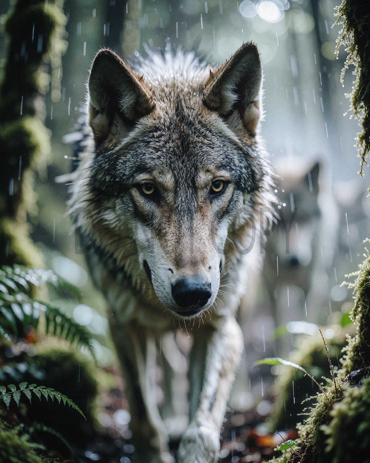 Majestic Wolf Stalking Rainy Mossy Forest Digital Fantasy Art Print