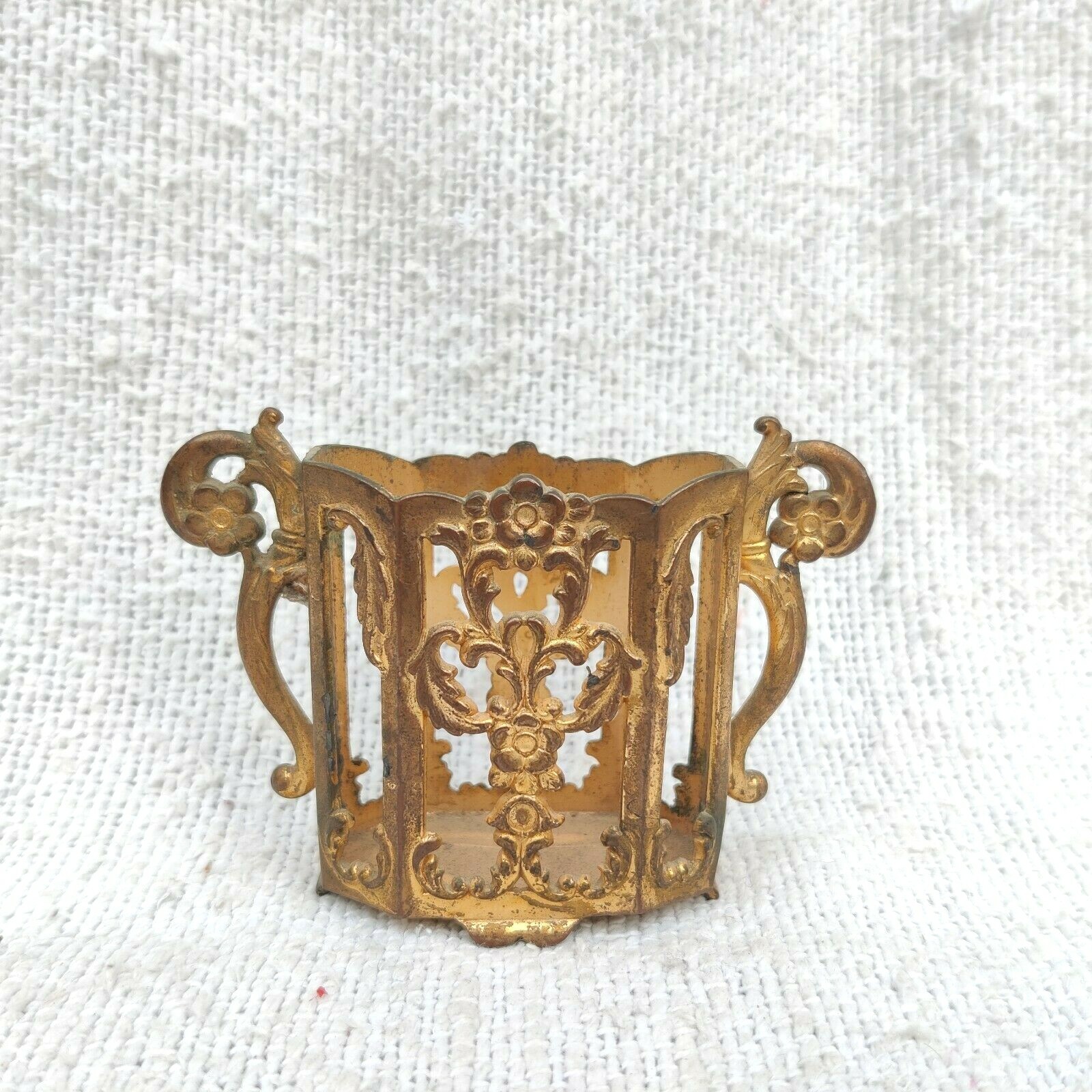 19c Vintage Gold Glided On Copper Floral Art Victorian Card Holder Collectibles