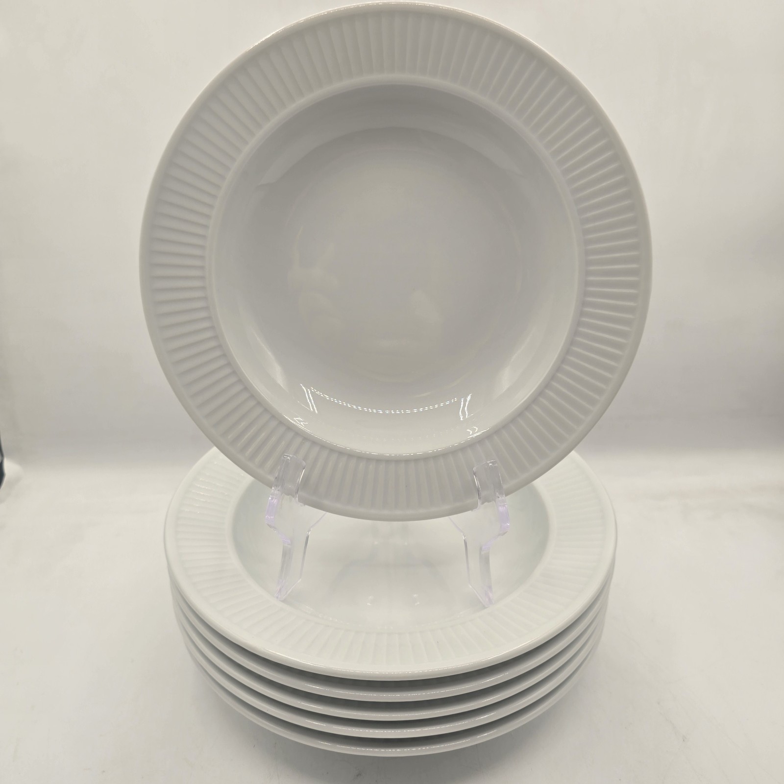 Pillivuyt Plisse Rimmed Soup Pasta Bowls Set Of 6 White Ribbed Porcelain 