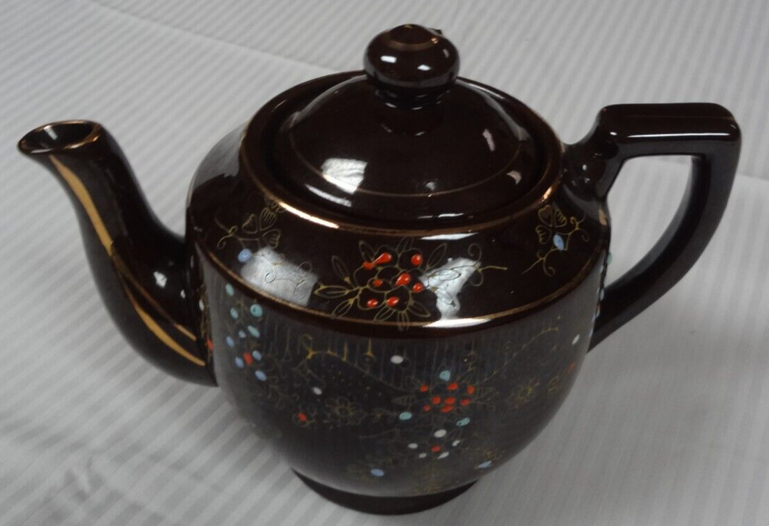 Vintage Moriage Japan Hand-Painted Redware Enamel Brown Betty Teapot