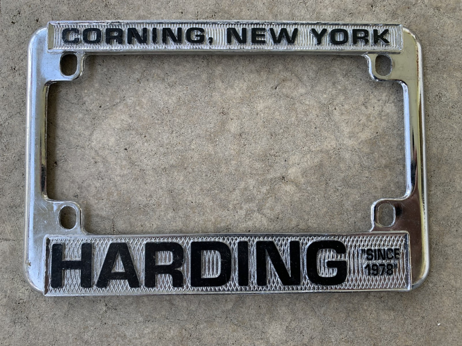 Vintage Aluminum Motorcycle License Plate Frame Corning New York Harding Harley Vintage Aluminum Motorcycle License Plate Frame Corning New York Harding Harley