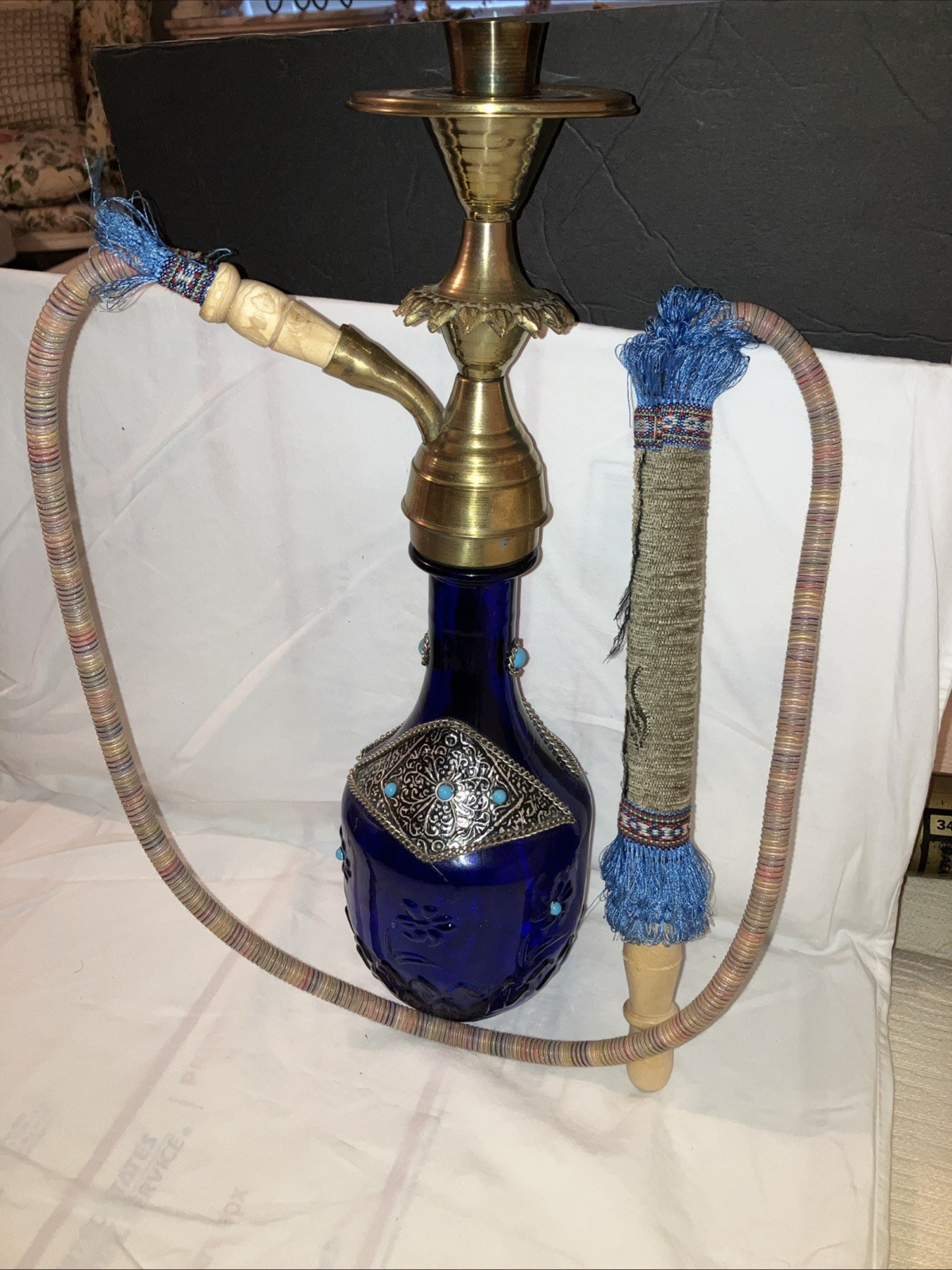 Demirkan Premium Hookah Traditional Turkish - Cobalt Blue Glass With Brass