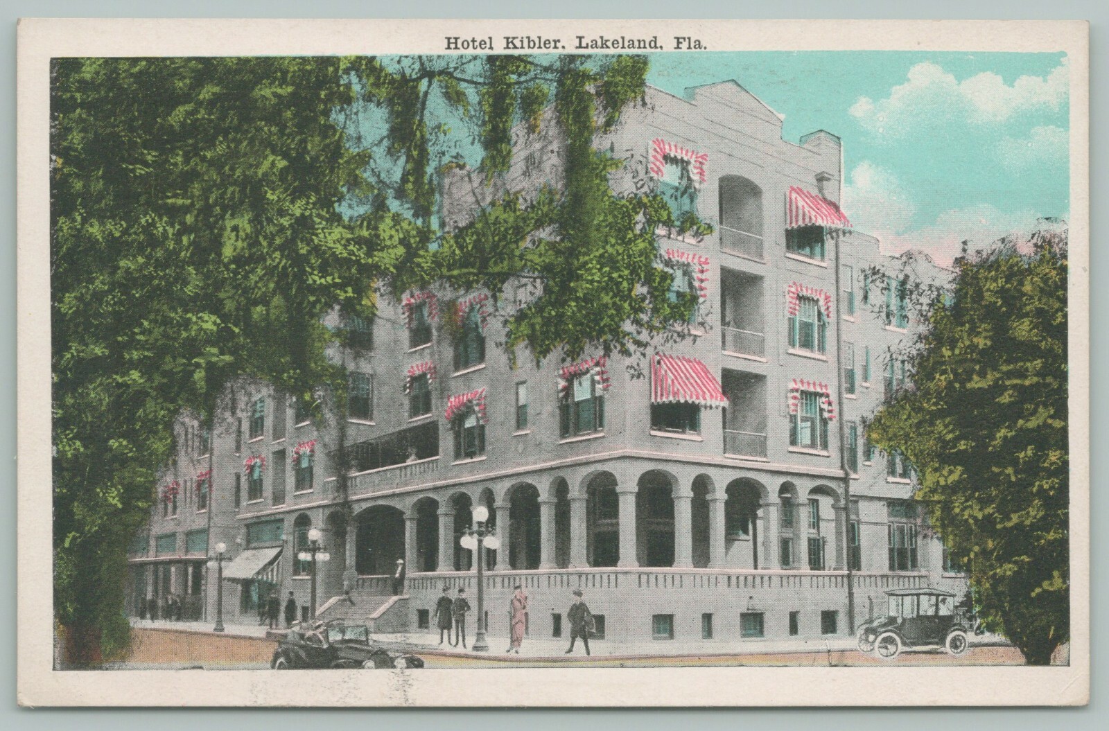 Lakeland FL~Hotel Kibler Close Up~Guests on Corner~Candy Stripe Awnings~1920s