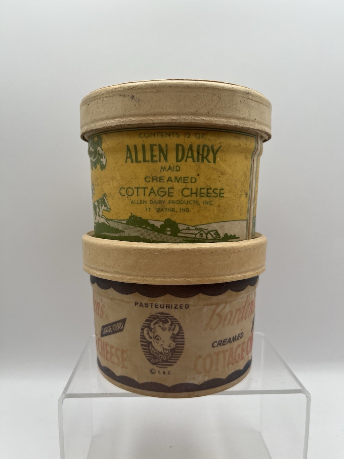 Vtg Cardboard Allen Dairy & Borden’s Cottage Cheese Containers Elsie the Cow VGC