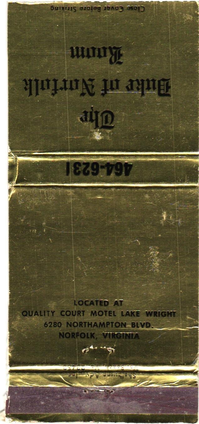 The Duke of Norfolk Room Norfolk VA Vintage Matchbook Cover 1970s