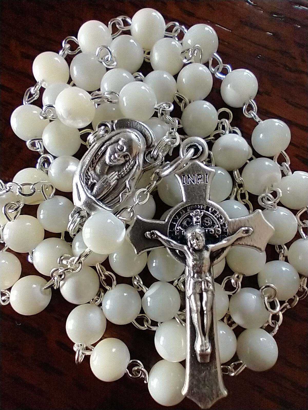 Catholic Genuine Mother of Pearl Rosary Our Lady St Benedict Crucifix MOP