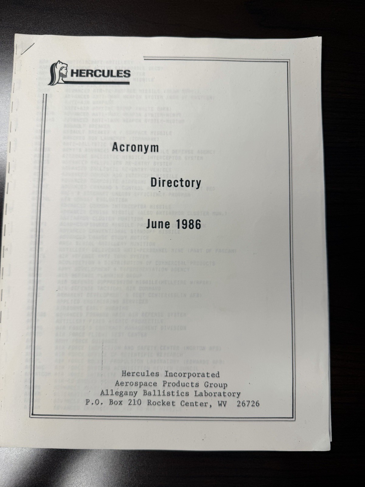 Vintage 1986 Hercules Inc. Aerospace Acronym Directory ABL Rocket Center AAA-ZAP