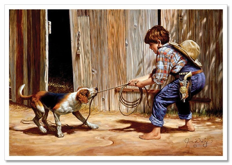 LITTLE BOY & DOG Just A Cowboy Buckaroo KIDS ART Jim Russian NEW Postcard